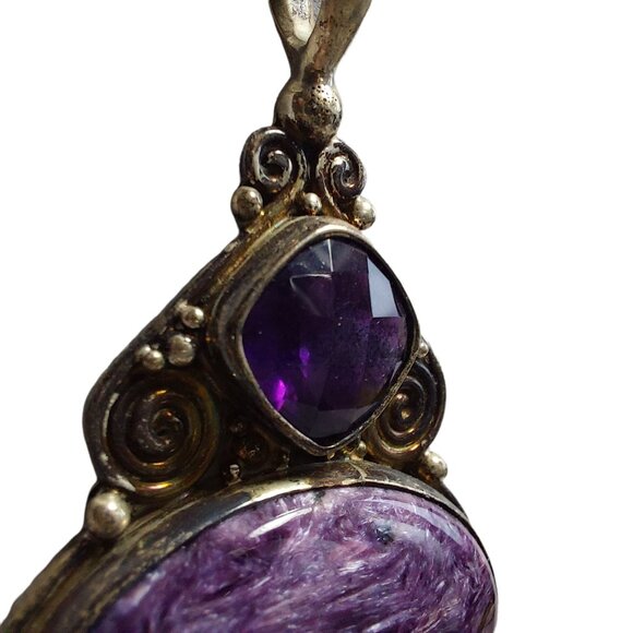 Natural Charoite Purple Amethyst Pendant Channel Set Sterling Silver Signed - Picture 6 of 11